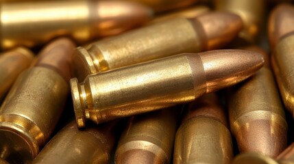 Close up view of numerous brass colored bullets, showing intricate details of their casings and tips. The bullets are piled loosely, creating a