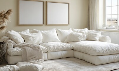 White sectional sofa with fluffy cushions and textured throw blanket in a bright living room with neutral walls and large windows. A minimalist