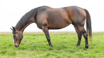 Fototapeta premium Brown horse grazing in a lush green field against a bright, overcast sky. The horse is viewed from its side, head bowed down, and its coat appears