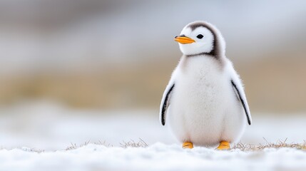 Fototapeta premium Cute baby penguin chick standing on the snow during a bright winter day.