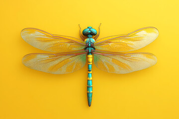 dragonfly on a yellow background, dragonfly on a blank yellow background, a dragonfly, dragonfly, cute dragonfly, yellow background, Copy Space For Add Text 3D Rendering, 3D, Vector, AI Generative