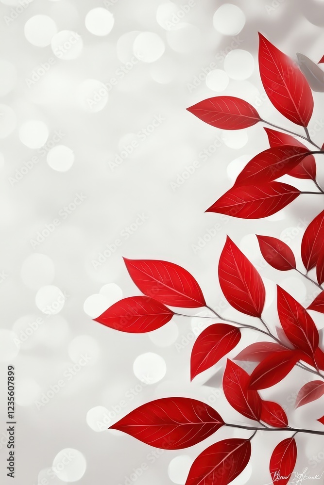 Poster red leaves on soft background with bokeh effect