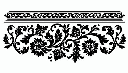 Intricate black and white floral decorative border with scrollwork and stylized flowers, a classic ornamental design element.