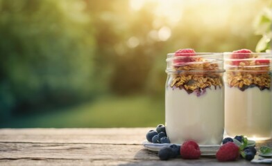 Summery Yogurt and Granola Jars with Berries on Wooden Table in Outdoor Setting