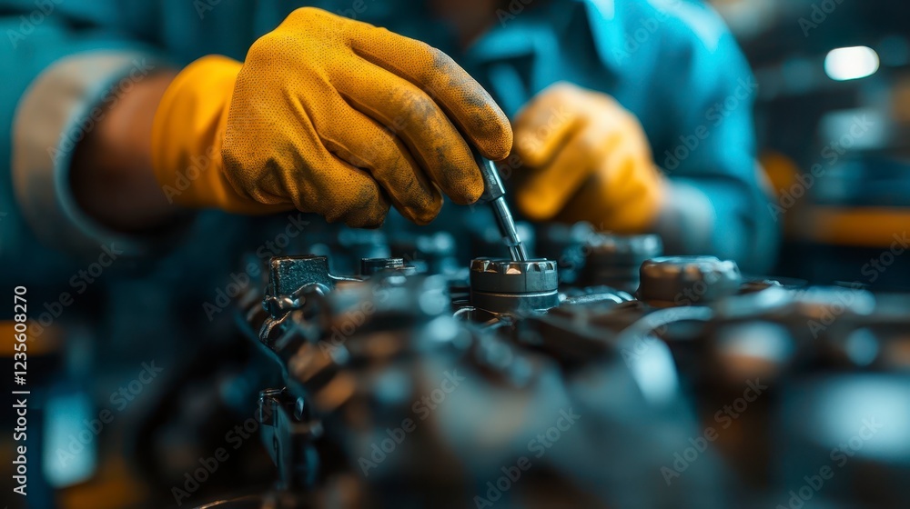 Poster close up view of gloved hands meticulously working on a dark metallic engine component, applying a d