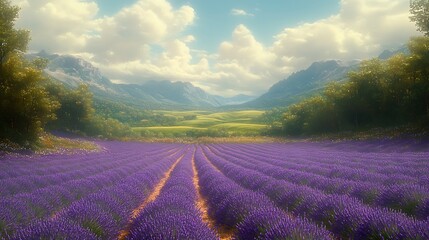 Obraz premium Lavender field valley, sunny day, mountain view, idyllic landscape, travel postcard
