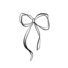 Bow in hand line art drawing in sketchy style. Hand holding decorative ribbon bow. Black linear design hand drawn vector illustration