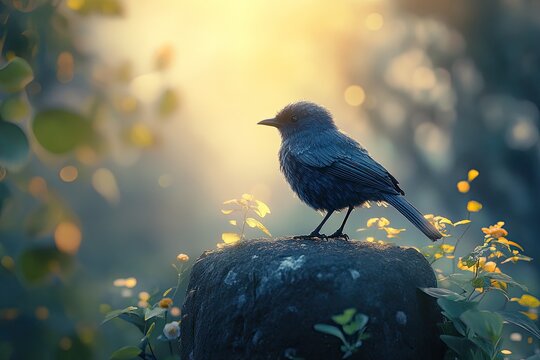 Un petit oiseau bleu perch&eacute; sur une pierre ancienne dans un jardin baign&eacute; par la lumi&egrave;re dor&eacute;e du matin avec un flou artistique enchanteur.