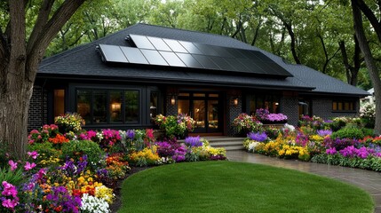 Naklejka premium Modern home, solar panels, lush garden, evening light, real estate