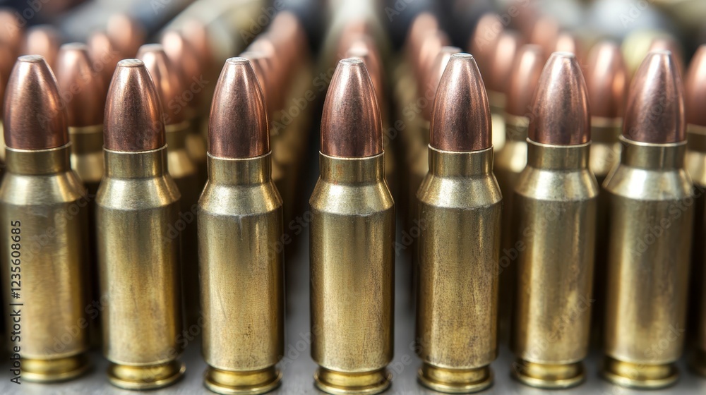 Poster close up view of numerous golden colored bullets arranged in parallel rows, showcasing their metalli