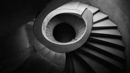 Fototapeta premium Spiral Staircase with Concrete Steps and Circular Hole, Creating Depth and Mystery in Black and White Photography