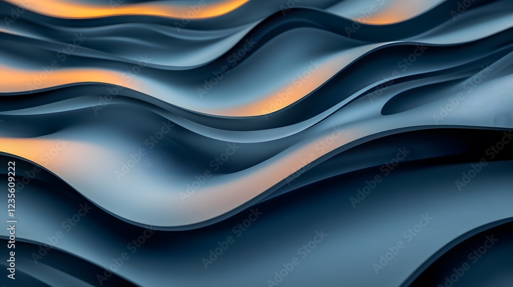 Poster abstract waves: fluid, organic shapes in deep blues and subtle oranges create a mesmerizing abstract
