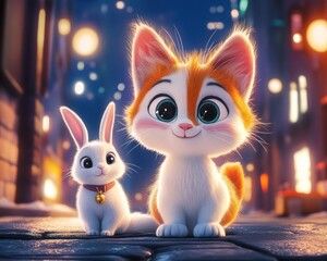 Cute cat and rabbit city night friendship