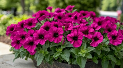 Vibrant purple petunias in a dark container, lush green foliage, outdoor setting, bright daylight, close up view