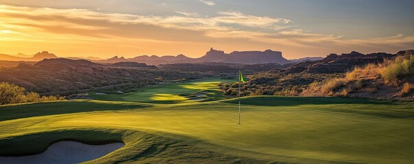 Sunset over a scenic golf course with desert landscape.
