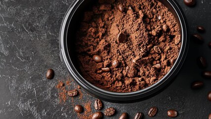 Freshly ground coffee with whole beans ready for brewing in a dark setting before morning preparation