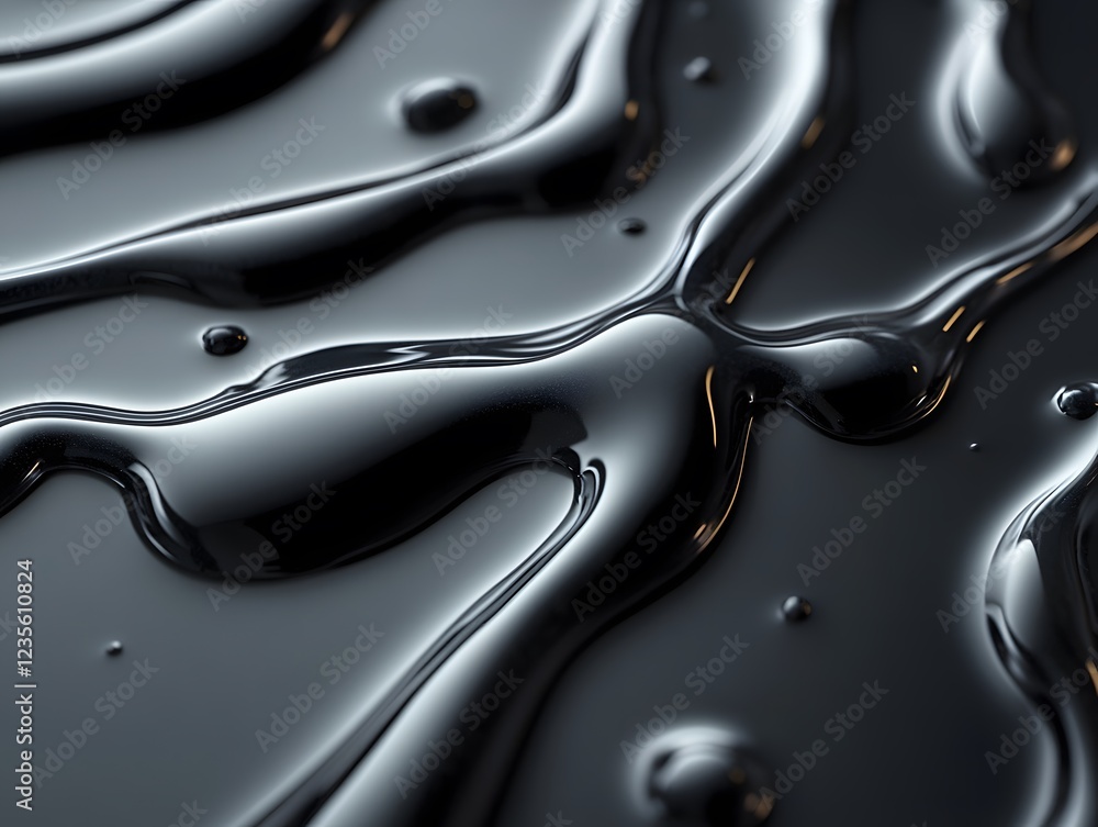 Poster liquid reflections: abstract close-up of dark, viscous liquid with flowing, swirling patterns and su