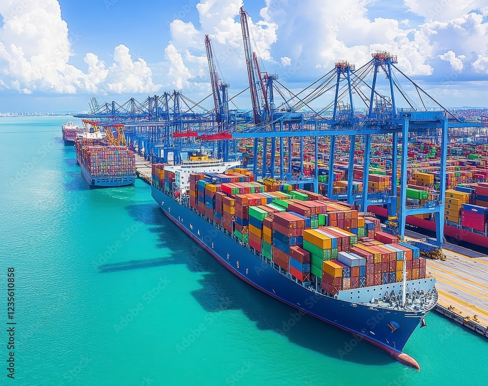 Poster aerial view of a large container ship at a busy port, numerous cranes and containers are visible und