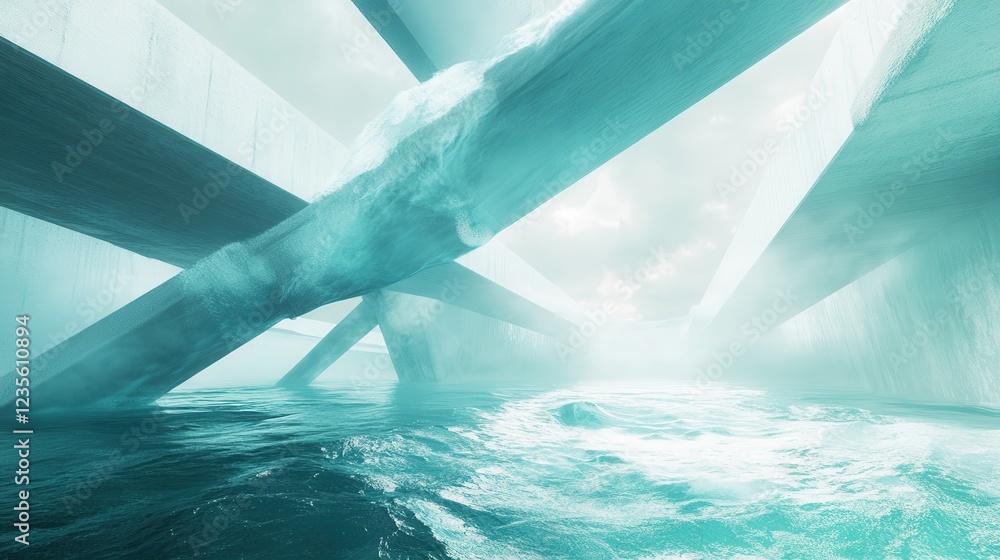 Poster futuristic underwater scene with intersecting structures, illuminated by soft light, evoking tranqui