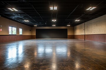 An empty stage in the middle of a large dance studio with a black ceiling and brown walls, and a dark floor. 