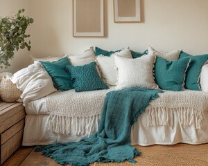 A cozy living room features a white sofa adorned with teal and white textured pillows and a matching throw blanket. The room is decorated with