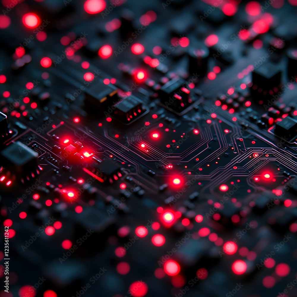 Poster circuit board glow: close-up of a circuit board with glowing red leds, highlighting the intricate ne