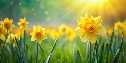 Fototapeta premium Golden Daffodil Blooms in Green Field, daffodils, natural scenery, daffodils, natural scenery