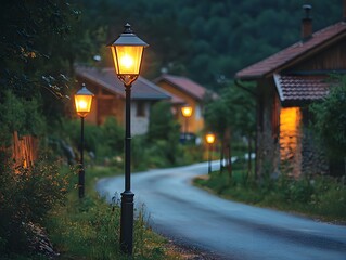 Charming Evening Street Scene with Glowing Lanterns Amidst Quaint Houses in a Serene Rural Setting Surrounded by Lush Greenery and Twilight Skies