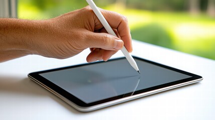 Obraz premium Hand Holding Stylus Pen on Tablet Screen for Digital Art Creation