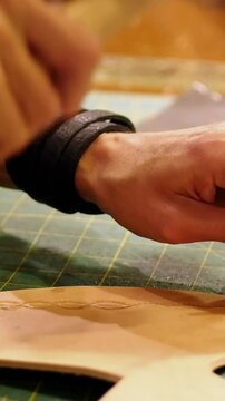 Close-up of craftswoman nailing leather