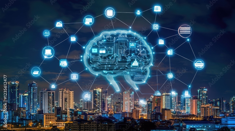 Poster ai-driven innovations visualized with glowing digital lines, advanced technology networks, and futur