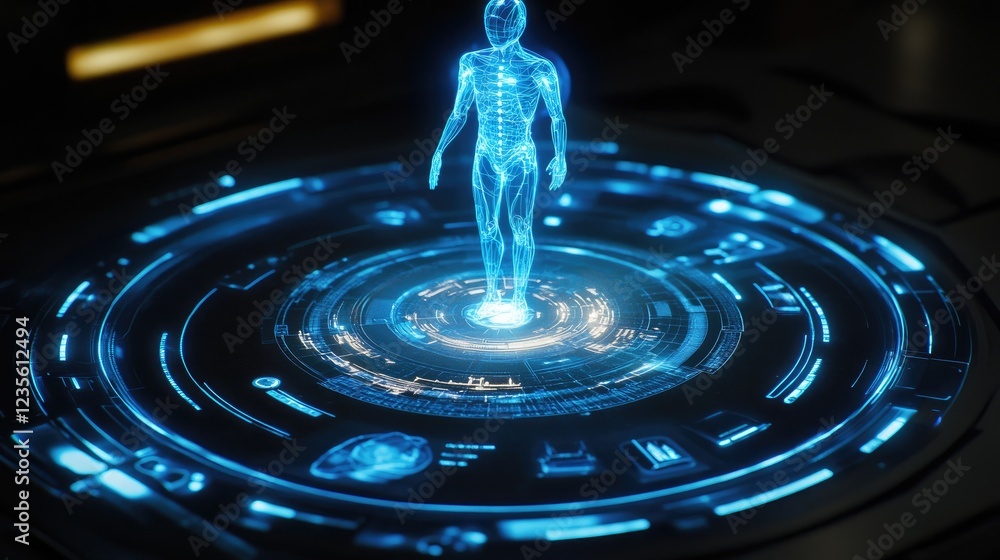 Poster ai-driven medical chatbot concept, showing a futuristic floating ai assistant analyzing a patient's 