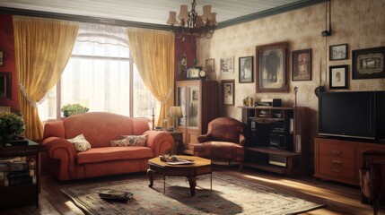 Cozy Vintage Living Room Interior Design with Antique Furniture and Warm Lighting