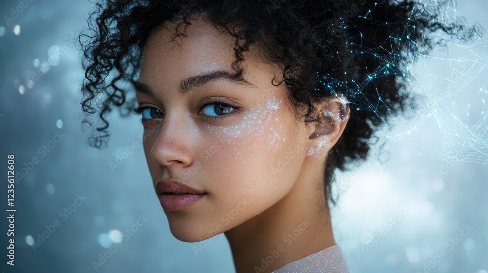 Poster ai-powered digital avatar concept, with a glowing virtual face and advanced neural networks in the b