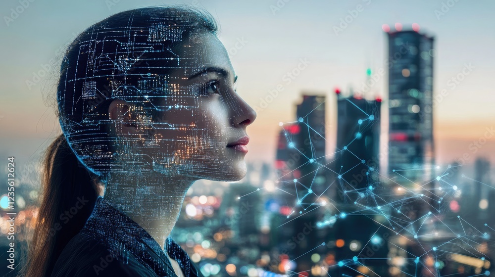 Poster ai-powered digital avatar concept, with a glowing virtual face and advanced neural networks in the b