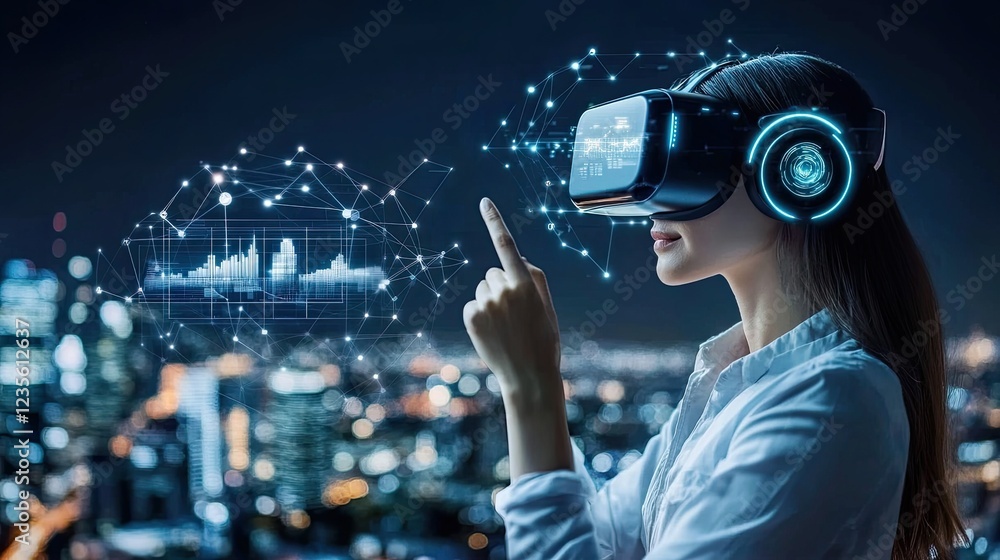 Poster ai-powered digital transformation shown through smart systems, virtual networks, and glowing data gr