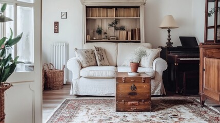 Fototapeta premium Cozy Living Room Interior with Vintage Furniture and Antique Details