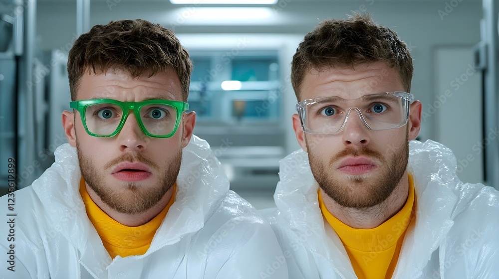 Poster two men in lab coats with shocked expressions in laboratory setting