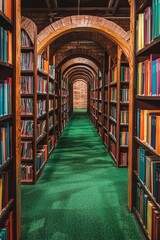 Rows and shelves filled with colorful books in the library at a university, with an empty green-carpeted walkway between them. 