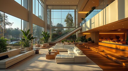 Fototapeta premium Modern lobby, sunrise, escalator, plants, city view, waiting area, relaxation