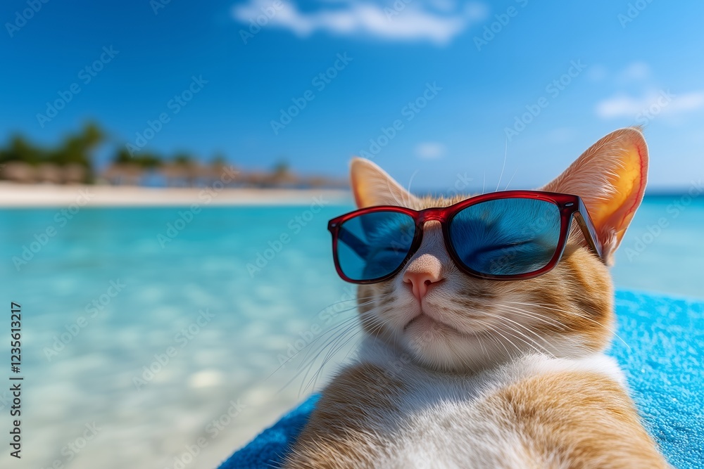 Wall mural cat relaxing on the beach in sunglasses enjoying the sun and sea on a clear day