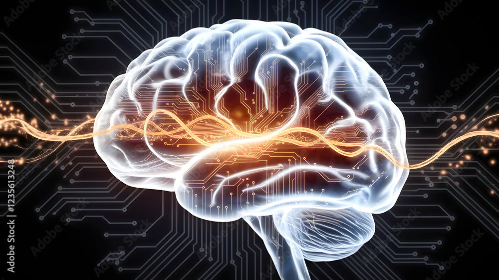 Poster neural pathways: a mesmerizing visualization of a human brain, with vibrant energy streams flowing a