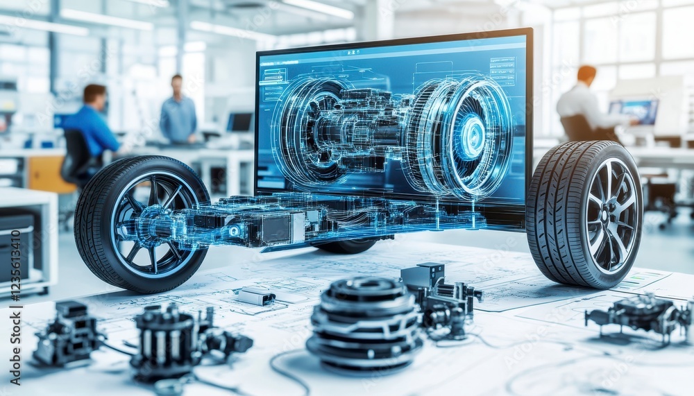 Poster digital 3d model of an automobile engine displayed on a large monitor in a modern industrial setting