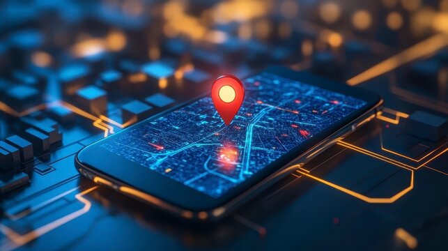 A red location pin is displayed on a smartphone screen showing a digital city map, all set against a futuristic circuit board background with warm