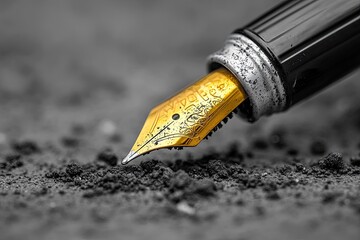 Obraz premium Close-up of a gold fountain pen nib touching dark soil.