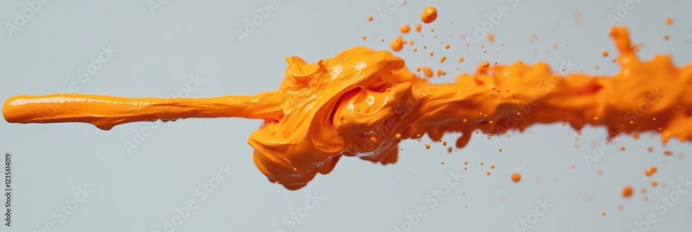 Poster Abstract image of vibrant orange liquid flowing across a light gray background, creating dynamic textures and splatters. The liquid's motion is