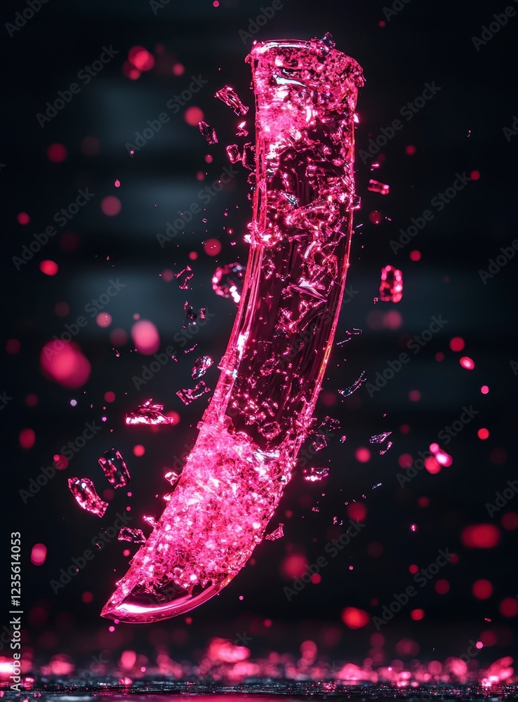 Poster abstract image of a vibrant pink liquid, shaped like a blade, splashing and creating dynamic droplet