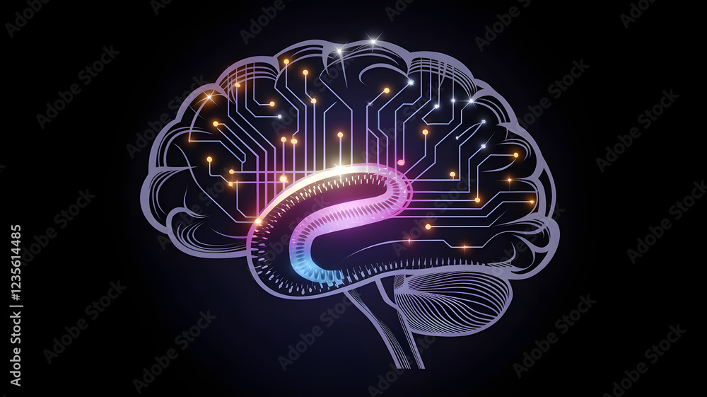 Poster neural network brain: abstract representation of a human brain with integrated circuit board pathway