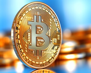 Golden Bitcoin Coin with Digital Background and Financial Symbols