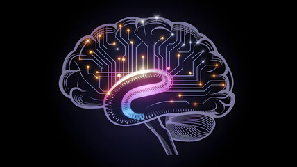 Fototapeta premium Neural Network Brain: Abstract representation of a human brain with integrated circuit board pathways, glowing with vibrant light, symbolizing artificial intelligence and neural networks. 